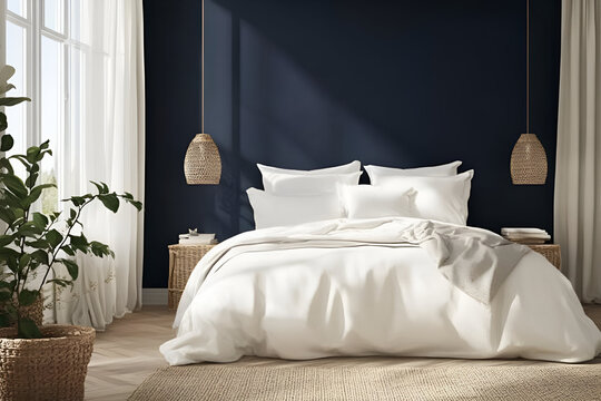 A chic bedroom with a deep navy accent wall, clean white linens, and a minimalist aesthetic