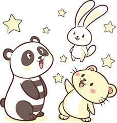 Obraz premium Adorable Cartoon Panda, Bunny, and Bear Surrounded by Stars on White Background