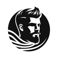 Black silhouette, male profile, stylized haircut, beard, minimalist design 