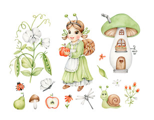 Cute watercolor fairy tale forest set with little girl, mushroom house, snail, insects, flowers, apple and peas. Whimsical botanical and garden clipart for kids, nursery.