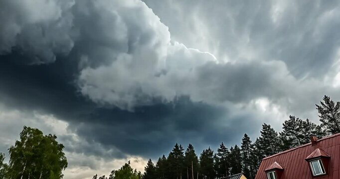 Low angle static shot: Dramatic dark clouds gather over a house and forest. The sky is overcast and gray.