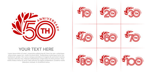 Anniversary logo type set with double line number and floral ornament. red color for celebration event