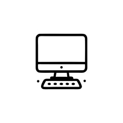 Outline drawing of a desktop computer with a monitor and keyboard, representing digital work and computing. Technology concept