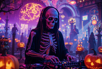 Futuristic Cyberpunk Skeleton DJ with Neon Tattoos and Holographic Pumpkins Halloween