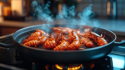 Shrimp sizzling in a pan