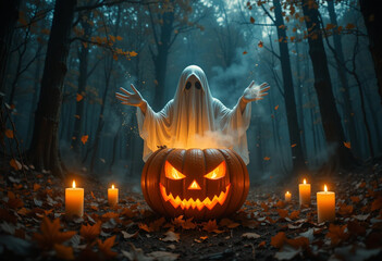 Ghostly Spirit Rising from Glowing Pumpkin in Forest – Halloween