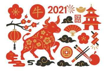 The vector set contains elements representing the Ox Zodiac sign, which is the symbol for 2021 on the Chinese calendar, and is used for decorating cards, web design, and banners during Chinese New