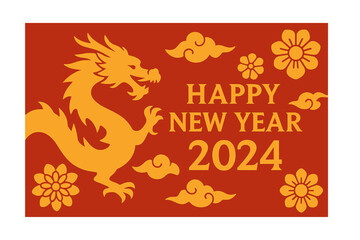 A 2024 Happy New Year poster featuring a Chinese banner, with a traditional dragon silhouette, 3D flowers, and Asian clouds on a red background, presented as a vector illustration symbolizing the