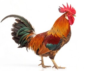Fototapeta premium A vibrant, isolated red rooster with colorful feathers stands as a magnificent farm animal
