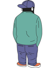 Stylish Man in Teal Sweatshirt and Blue Pants Viewed from Behind