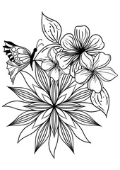 Butterflies animals and Flowers Mandala Coloring Page – Hand-drawn Line Art for Kids and Adults
