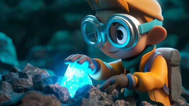 Animated explorer discovers a glowing crystal in a dark cave, showcasing a wondrous find