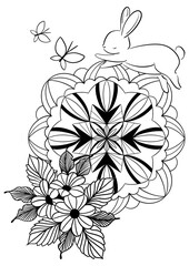 Butterflies animals and Flowers Mandala Coloring Page – Hand-drawn Line Art for Kids and Adults
