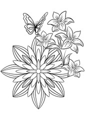 Butterflies animals and Flowers Mandala Coloring Page – Hand-drawn Line Art for Kids and Adults