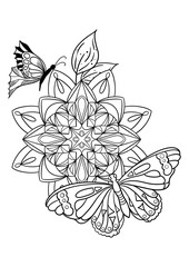 Butterflies animals and Flowers Mandala Coloring Page – Hand-drawn Line Art for Kids and Adults