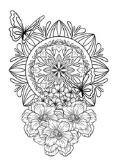 Butterflies animals and Flowers Mandala Coloring Page – Hand-drawn Line Art for Kids and Adults