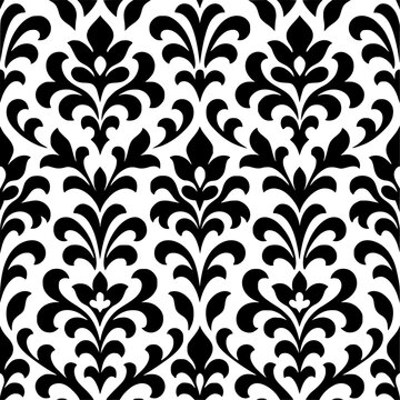 Black and white, symmetrical, floral, damask, ornate, seamless pattern