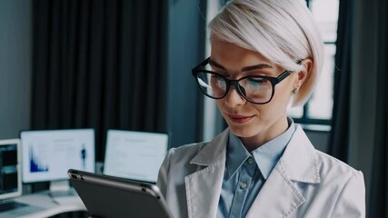 Female doctor reads data on tablet. Clinic uses modern technology tools. Doctor in clinic focuses on patient data. Tablet in clinic setting. Technology helps female doctor process healthcare. - Powered by Adobe