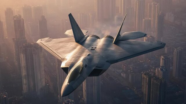 Aerial view of F-22 Raptor fighter jet soaring through urban skyline during sunrise