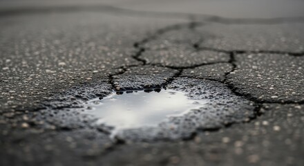 Pothole Filled with Water on Cracked Asphalt Road Surface