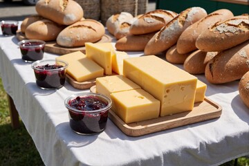 rustic display of crusty bread loaves and large blocks of cheese, accompanied by jars of dark jam, is presented on a white tablecloth at an outdoor food market, showcasing local produce