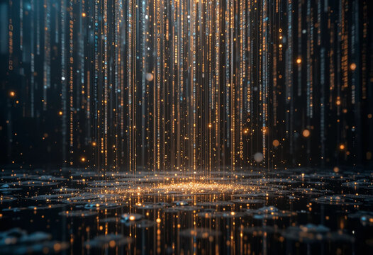 Luminous Binary Rain Forming Digital Puddles on a Dark Reflective Surface