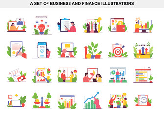 Business Finance Illustrations Brainstorming, Payment Success, Growth, Strategy, Teamwork, and Financial Analysis Set