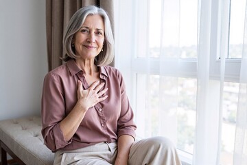 serene senior woman with beautiful grey hair sits by a window with her hand over her heart, her gentle expression conveying a deep sense of gratitude, contentment, and inner peace