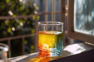 ouring fresh different color liquid into glass next to sunlit window
