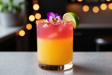 vibrant and refreshing layered tropical cocktail, possibly a spicy margarita, garnished with an edible flower and a lime wedge on a chili-salt rim, served at a bar for a festive summer celebration