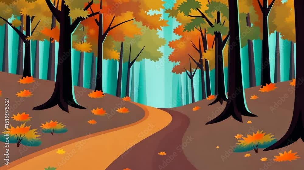 Poster A forest with a path through it. The path is lined with trees and leaves. The leaves are orange and red. Cartoon style.