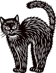 Obraz premium Frightened arched black cat illustration with bristling fur and expressive eyes isolated on white background