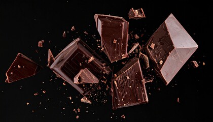 Rich, velvety chocolate pieces breaking apart in slow-motion over a deep black void