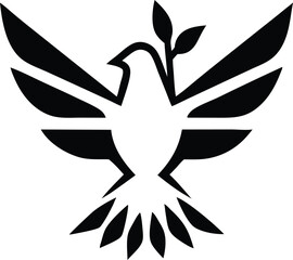 Black silhouette of a luminous white bird soaring with wings spread for freedom