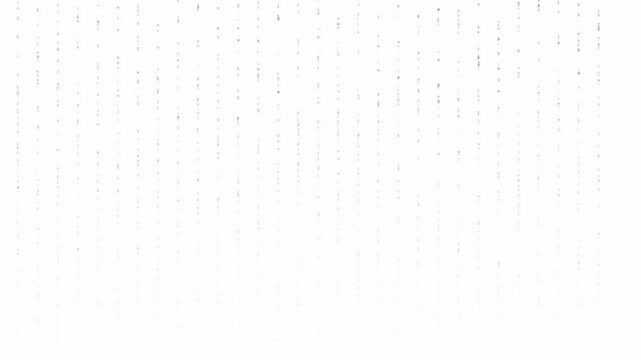 Digital hexadecimal code particles flowing across white background, tech data stream animation with programming numbers and letters