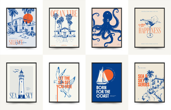 Abstract ocean and sea posters template. Modern sea Botanical trendy black style. Vintage seaweed, fish, shell. Ink wall art.