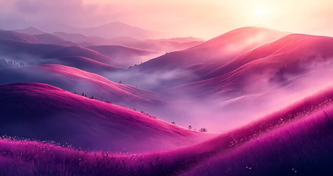 Static shot: Pink and purple hills covered in grass at sunrise with a dreamy, ethereal atmosphere.