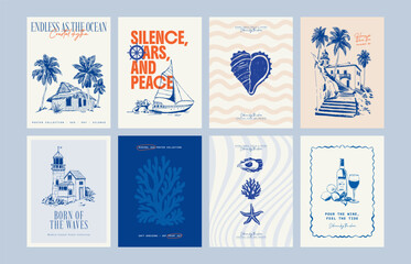 Abstract ocean and sea posters template. Modern sea Botanical trendy black style. Vintage seaweed, fish, shell. Ink wall art.