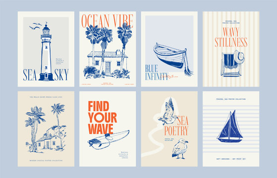 Abstract ocean and sea posters template. Modern sea Botanical trendy black style. Vintage seaweed, fish, shell. Ink wall art.