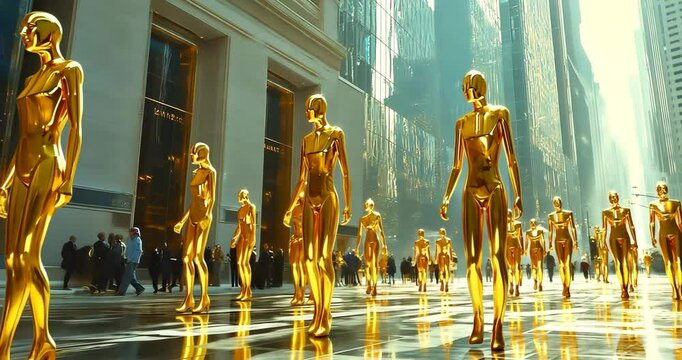 Golden mannequins walk down a city street, reflecting the surrounding buildings and light.