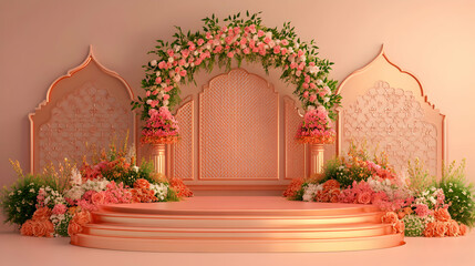 Elegant Wedding Stage with Floral Arch and Decorative Panels in Pastel Pink Tones