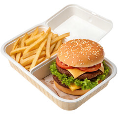 Burger and fries combo on fast food tray, transparent background