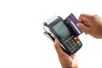 Close-up of a person swiping a credit card through a point-of-sale (POS) terminal for payment. Modern transaction concept with secure digital interface.