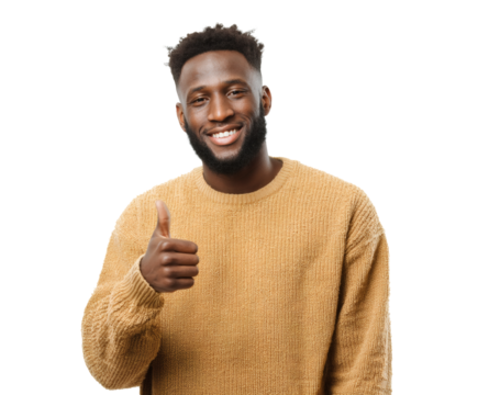 Happy black man gives a thumbs up, showing approval and success.