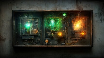 A metallic electrical panel with glowing green and yellow circuits, wires, and illuminated lights in a grungy, industrial setting.