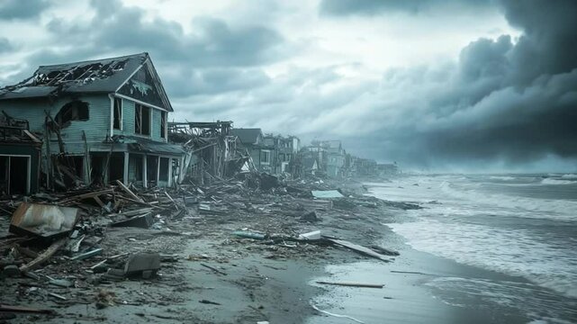 Devastation aftermath on coastal community severely damaged by powerful storm surge