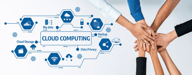 A visual representation of collaboration in cloud computing, featuring diverse hands and icons that highlight data storage, privacy, backup, and digital connectivity in a modern environment. Amity