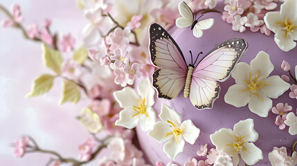 Closeup of a Lavender Cake Decorated with Sugar Flowers and Butterflies