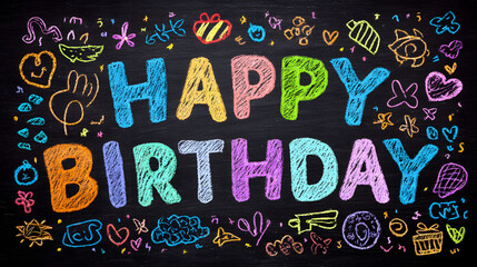 Colorful Chalkboard Happy Birthday Text with Whimsical Drawings