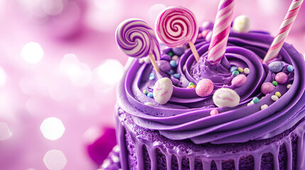 Closeup of a Delicious Purple Cake Decorated with Lollipops and Sprinkles